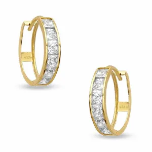 10K Yellow Gold Princess Cut Channel-Set Square CZ Huggies Hoop Earrings 15mm Girls Baby