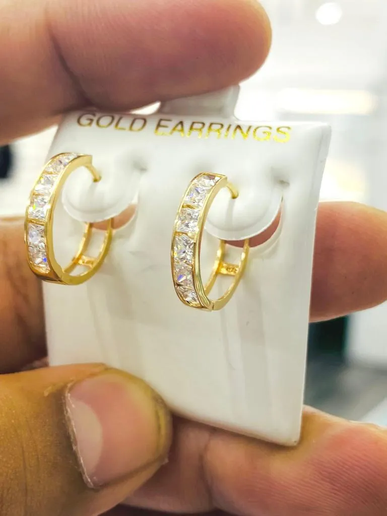 10K Yellow Gold Princess Cut Channel-Set Square CZ Huggies Hoop Earrings 15mm Girls Baby