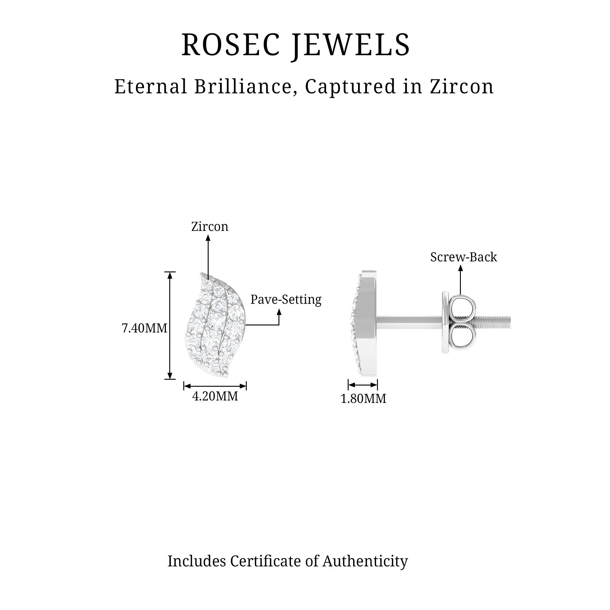 1/4 CT Zircon Gold Leaf Stud Earrings in Pave Setting