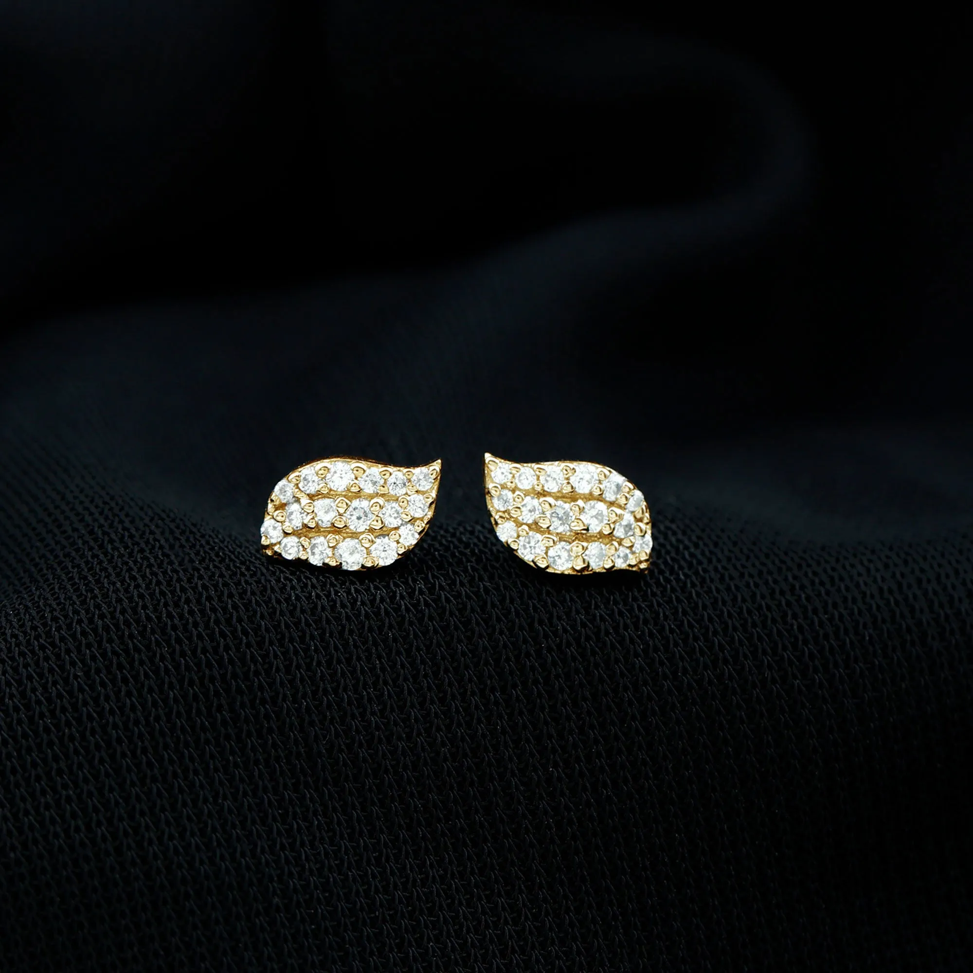 1/4 CT Zircon Gold Leaf Stud Earrings in Pave Setting