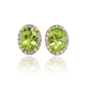 14K Yellow Gold Oval Peridot and Diamond Stud Earrings