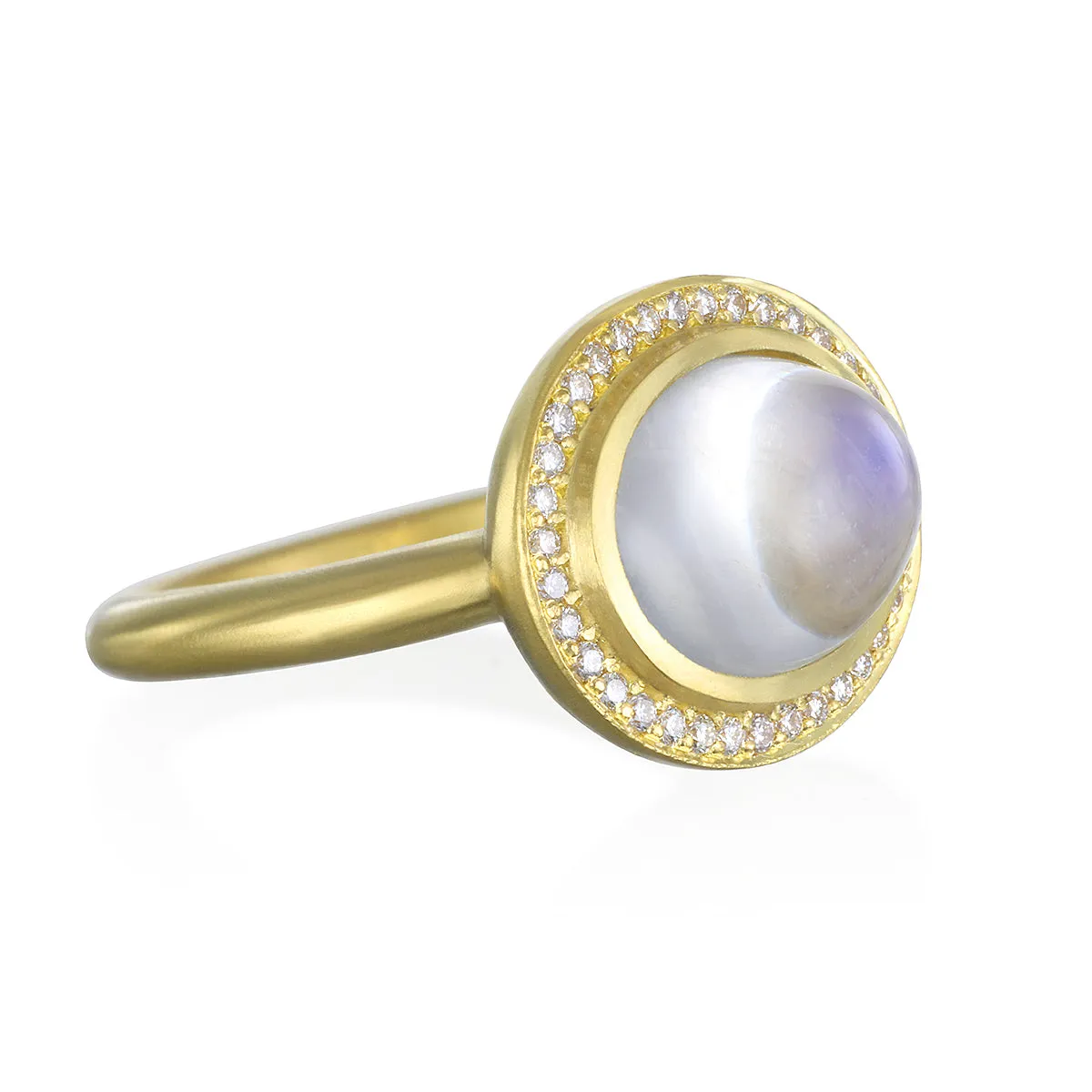 18 Karat Gold Oval Blue Moonstone Diamond Halo Ring