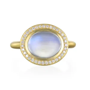 18 Karat Gold Oval Blue Moonstone Diamond Halo Ring