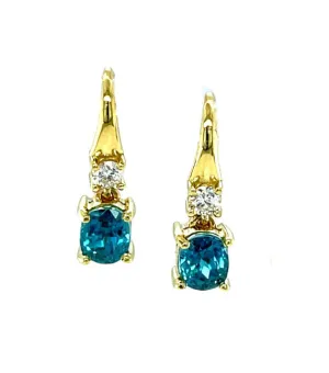 2.64 Carat Total Blue Zircon and Diamond 18K Yellow Gold Dangle Earrings