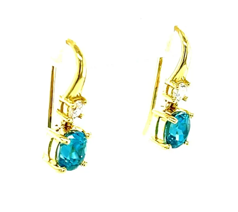 2.64 Carat Total Blue Zircon and Diamond 18K Yellow Gold Dangle Earrings