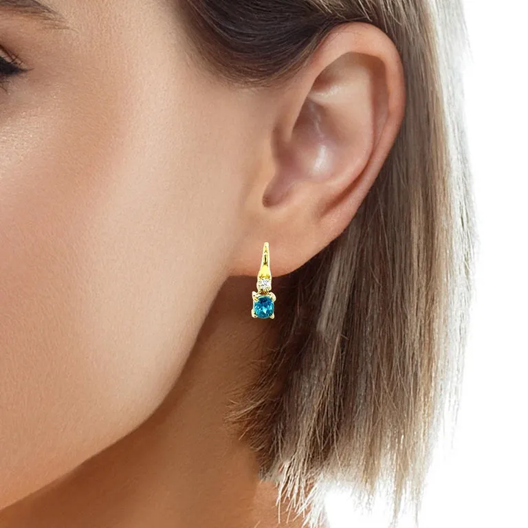 2.64 Carat Total Blue Zircon and Diamond 18K Yellow Gold Dangle Earrings