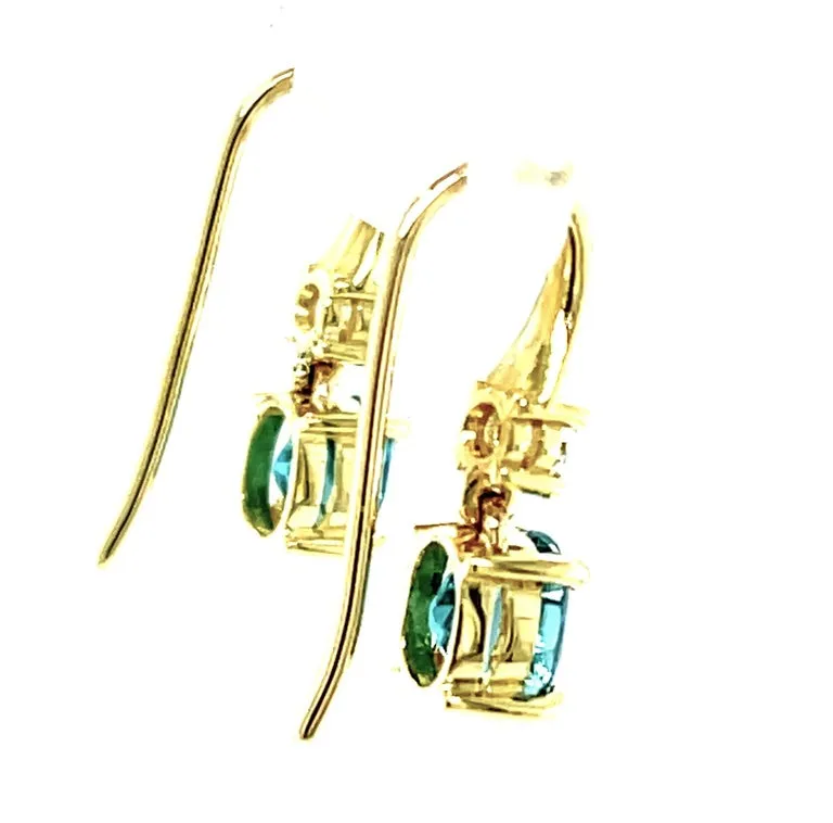 2.64 Carat Total Blue Zircon and Diamond 18K Yellow Gold Dangle Earrings