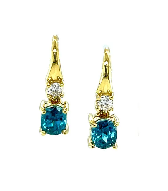 2.64 Carat Total Blue Zircon and Diamond 18K Yellow Gold Dangle Earrings