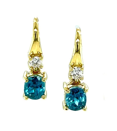 2.64 Carat Total Blue Zircon and Diamond 18K Yellow Gold Dangle Earrings