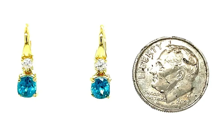2.64 Carat Total Blue Zircon and Diamond 18K Yellow Gold Dangle Earrings