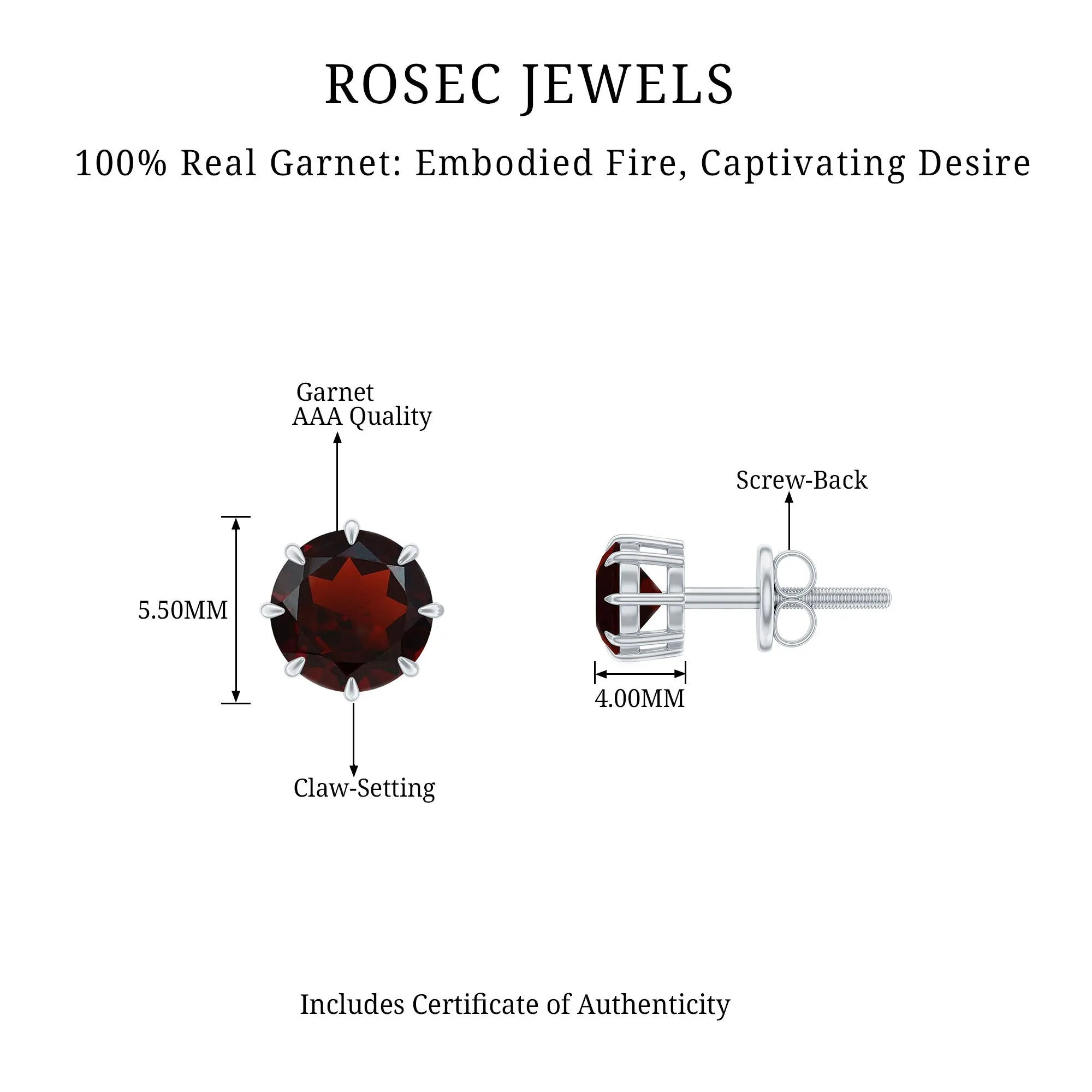 4.5 MM Natural Garnet Solitaire Stud Earrings in 8 Claw Prong Setting