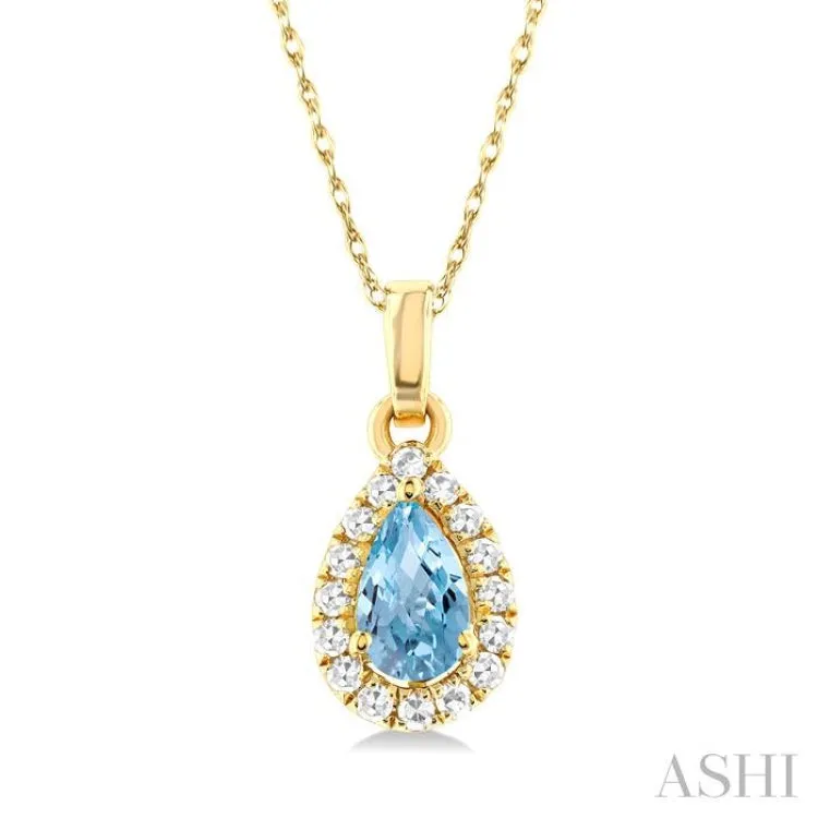 5x3 MM Pear Shape Aquamarine and 1/20 ctw Single Cut Diamond Halo Semi Precious Pendant with Chain in 10K Yellow Gold