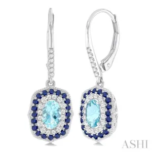 6x4 MM Oval Cut Aquamarine, 1.25 MM Sapphire and 1/3 ctw Round Cut Diamond Halo Precious and Semi Precious Fashion Earrings in 14K White Gold