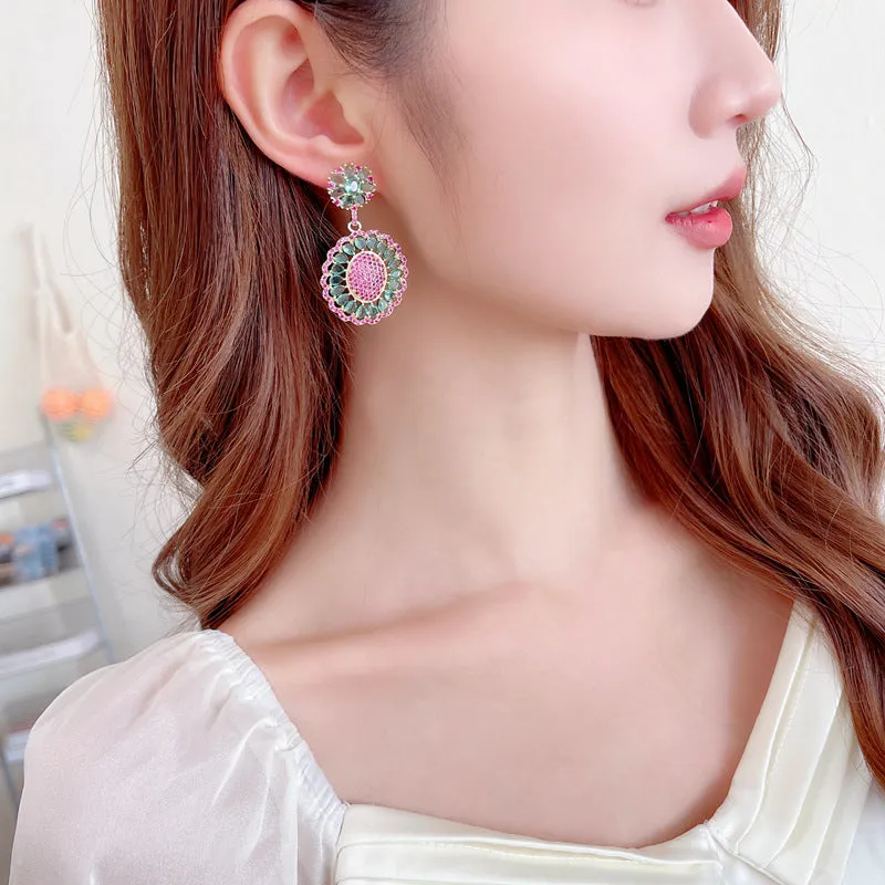 925 Silver Needles Vintage Oval Cut Out Zircon Fringed Boho Earrings