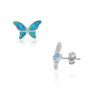 925 Sterling Silver Green Blue Simulated Opal CZ Butterfly Stud Earrings