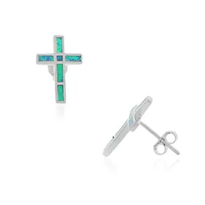 925 Sterling Silver Green Blue Simulated Opal Religious Cross Stud Earrings