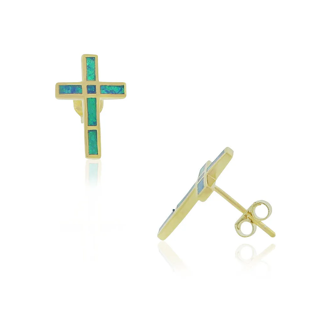 925 Sterling Silver Green Blue Simulated Opal Religious Cross Stud Earrings