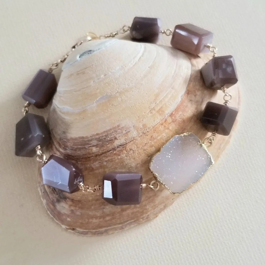 Chocolate Moonstone and Druzy Crystal Bracelet, Natural Gemstone Jewelry, Boho Stackable Bracelet, Gift for Her, Healing Energy Bracelet