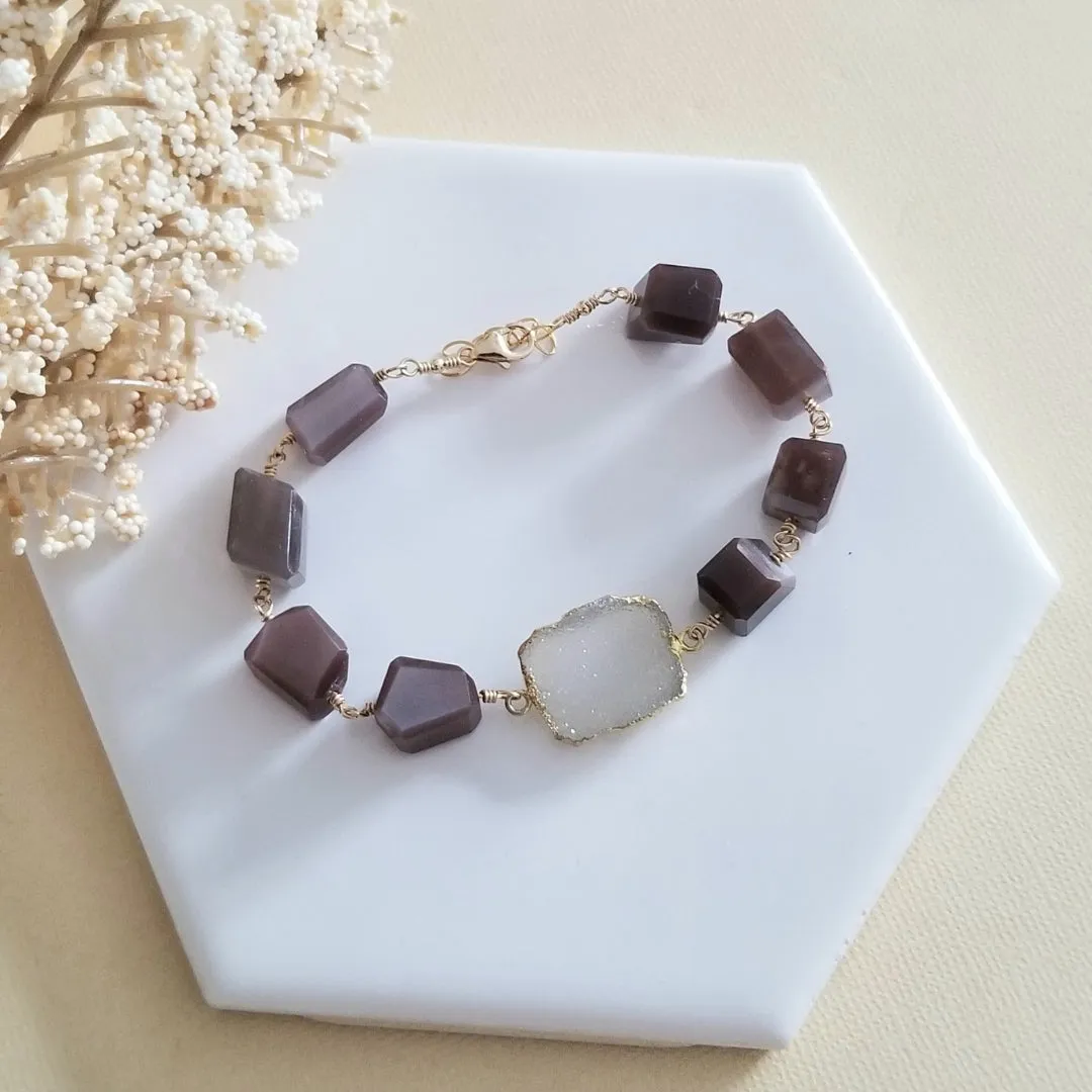 Chocolate Moonstone and Druzy Crystal Bracelet, Natural Gemstone Jewelry, Boho Stackable Bracelet, Gift for Her, Healing Energy Bracelet