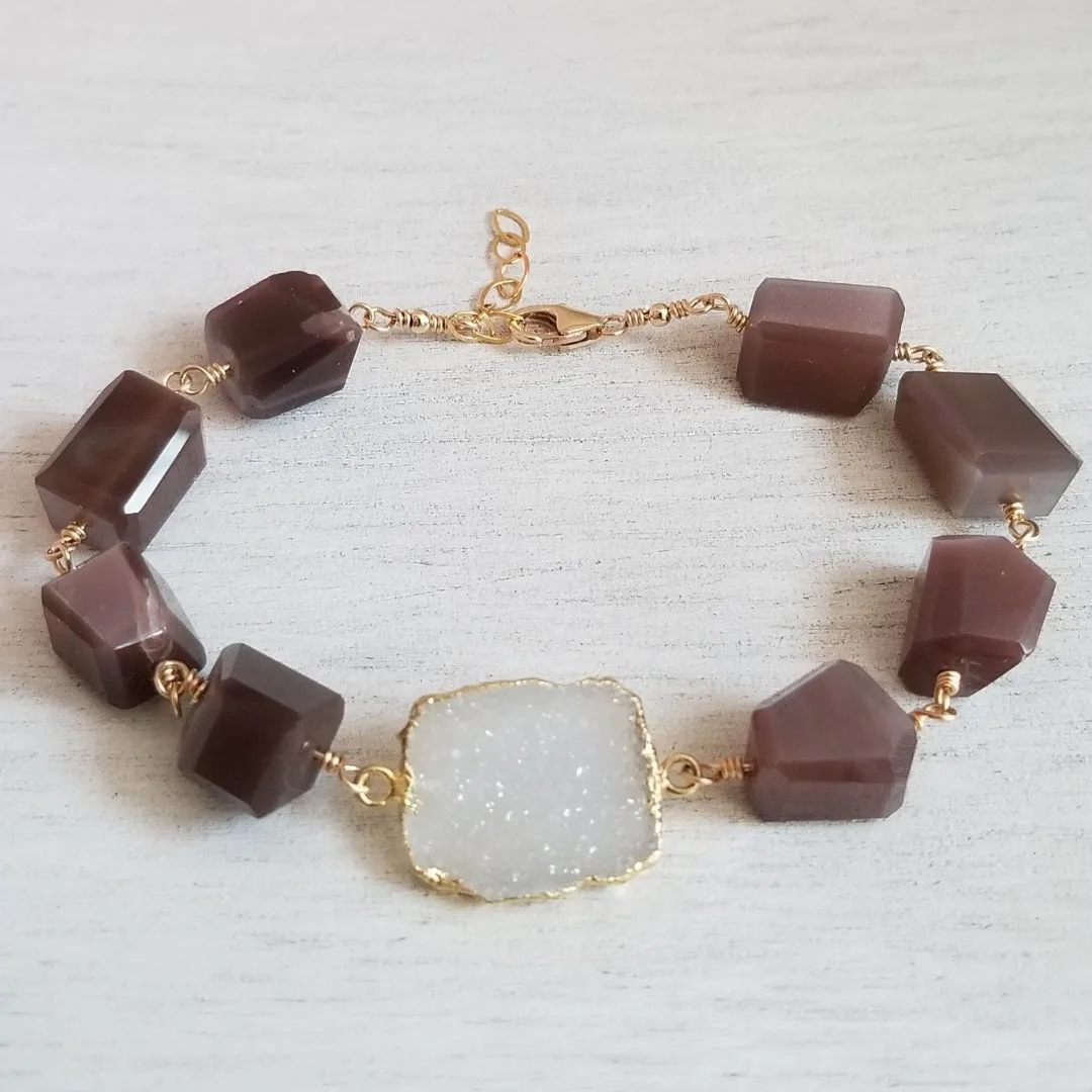 Chocolate Moonstone and Druzy Crystal Bracelet, Natural Gemstone Jewelry, Boho Stackable Bracelet, Gift for Her, Healing Energy Bracelet