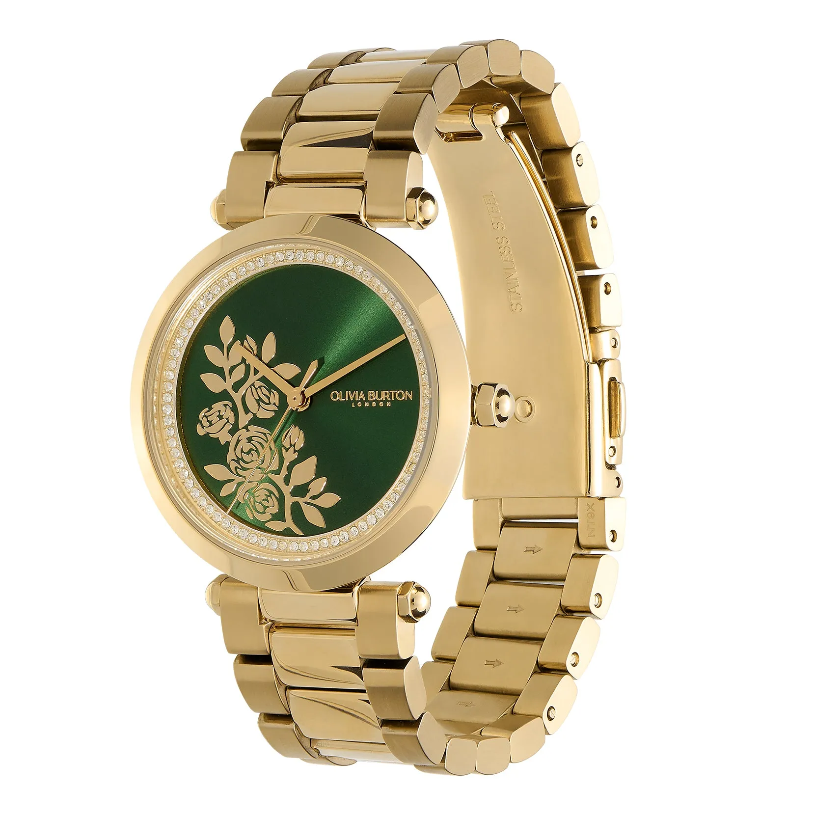 Floral T-Bar Green & Gold Bracelet Watch (24000043)