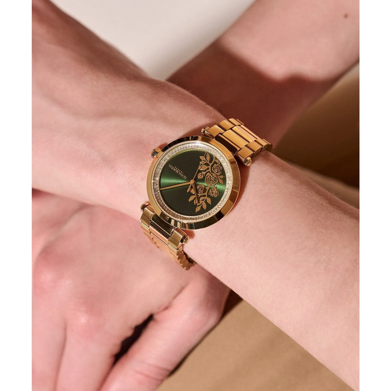 Floral T-Bar Green & Gold Bracelet Watch (24000043)