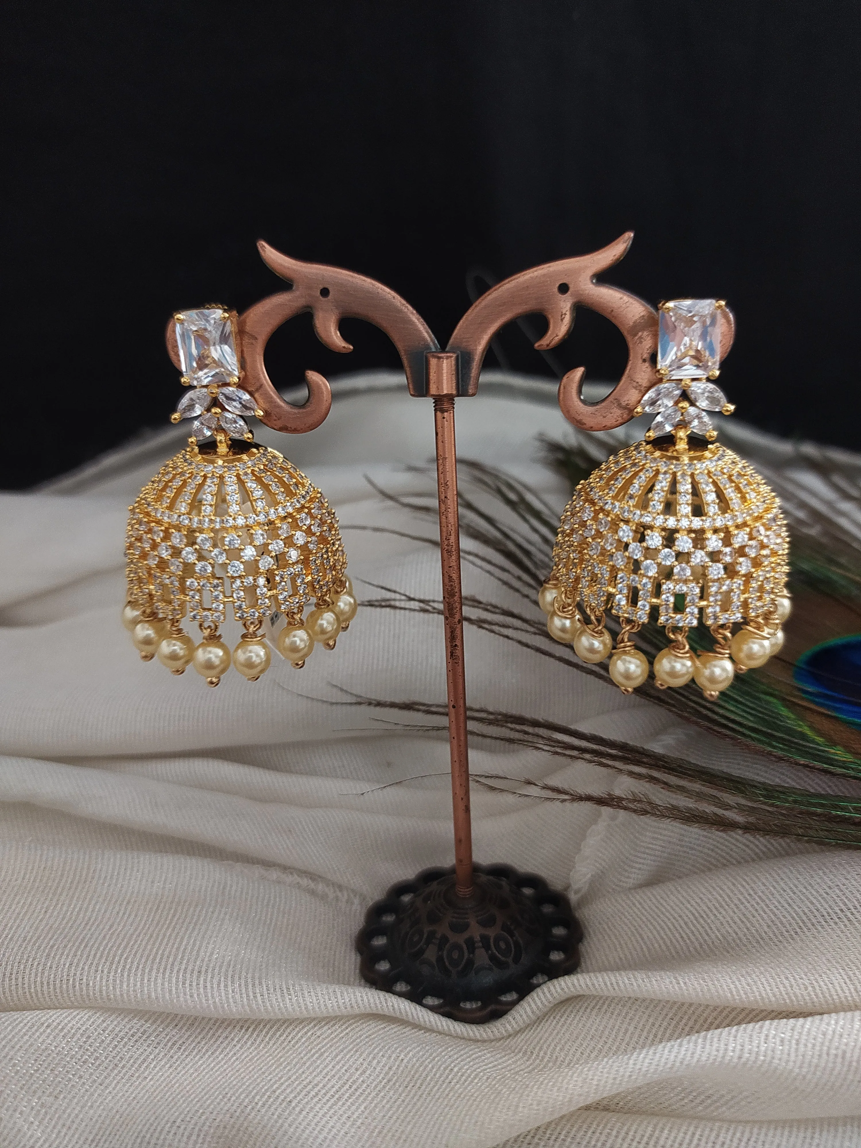 Gold-Plated Jhumki Earrings with Zircon Stones