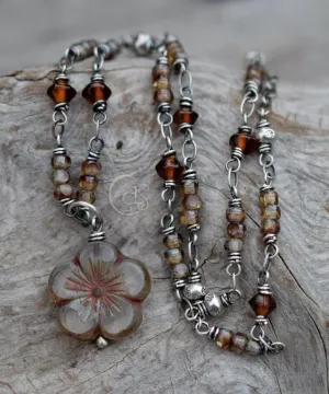 Handcrafted Silver Beaded Flower Necklace. Sterling Silver. Czech Glass Boho-Style Jewelry.