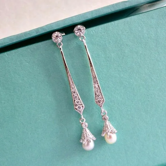 Long Cubic Zirconia Bridal Earrings, Pear Drop Wedding Earrings, Vintage Style Pear Earrings, CZ Crystal Dangle Earrings, Bridesmaid Earrings