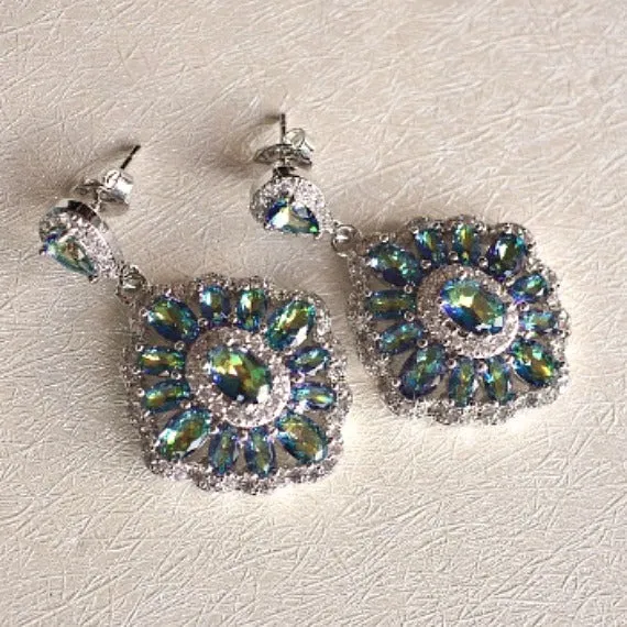Mystic Peacock Blue Green Rhombus Bridal Earrings. Vitrail Iridescent Crystal Wedding Earrings. Art Deco Chandelier Earrings, CZ Earrings