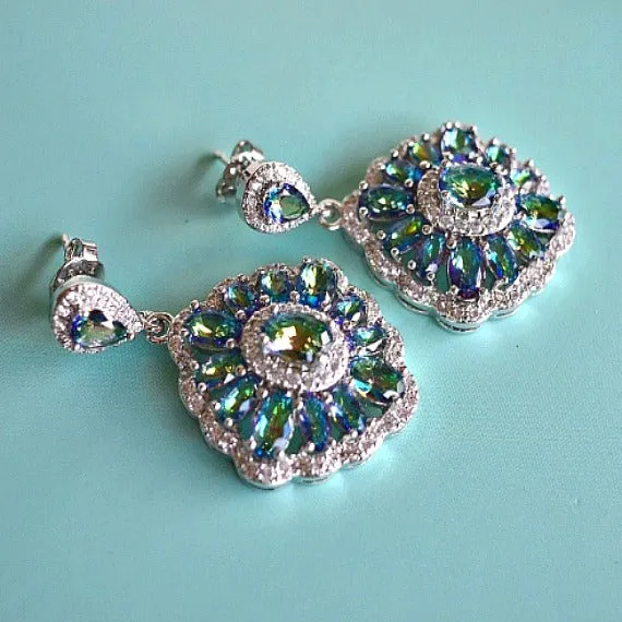 Mystic Peacock Blue Green Rhombus Bridal Earrings. Vitrail Iridescent Crystal Wedding Earrings. Art Deco Chandelier Earrings, CZ Earrings