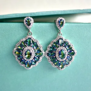 Mystic Peacock Blue Green Rhombus Bridal Earrings. Vitrail Iridescent Crystal Wedding Earrings. Art Deco Chandelier Earrings, CZ Earrings