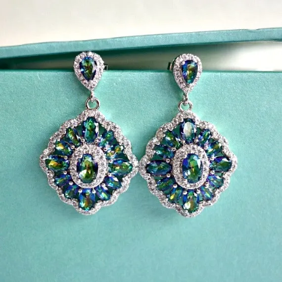 Mystic Peacock Blue Green Rhombus Bridal Earrings. Vitrail Iridescent Crystal Wedding Earrings. Art Deco Chandelier Earrings, CZ Earrings