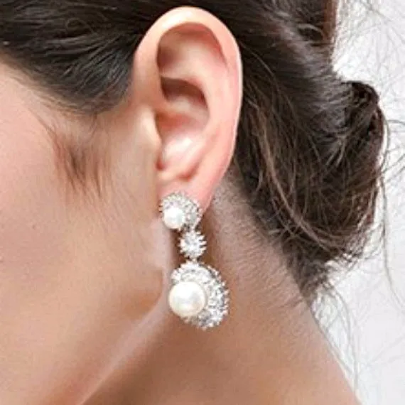 Pearl CZ Crystal Art Deco Bridal Earrings, Cubic Zirconia Pearl Chandelier Wedding Earrings, Pearl Drop Statement Earrings, Bridesmaids Gift