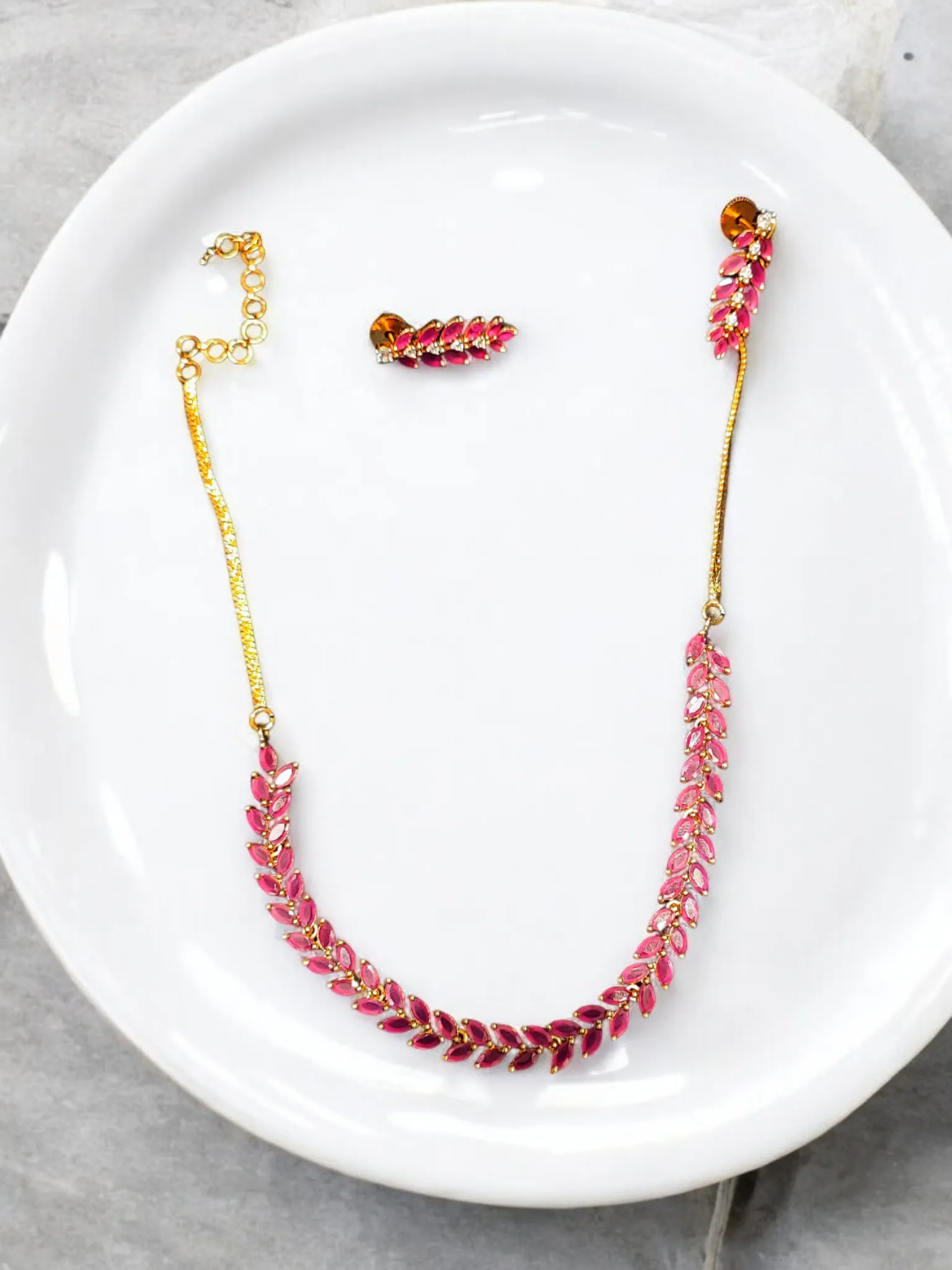 Pearlfect Pink Leaves Zircon Necklace Set