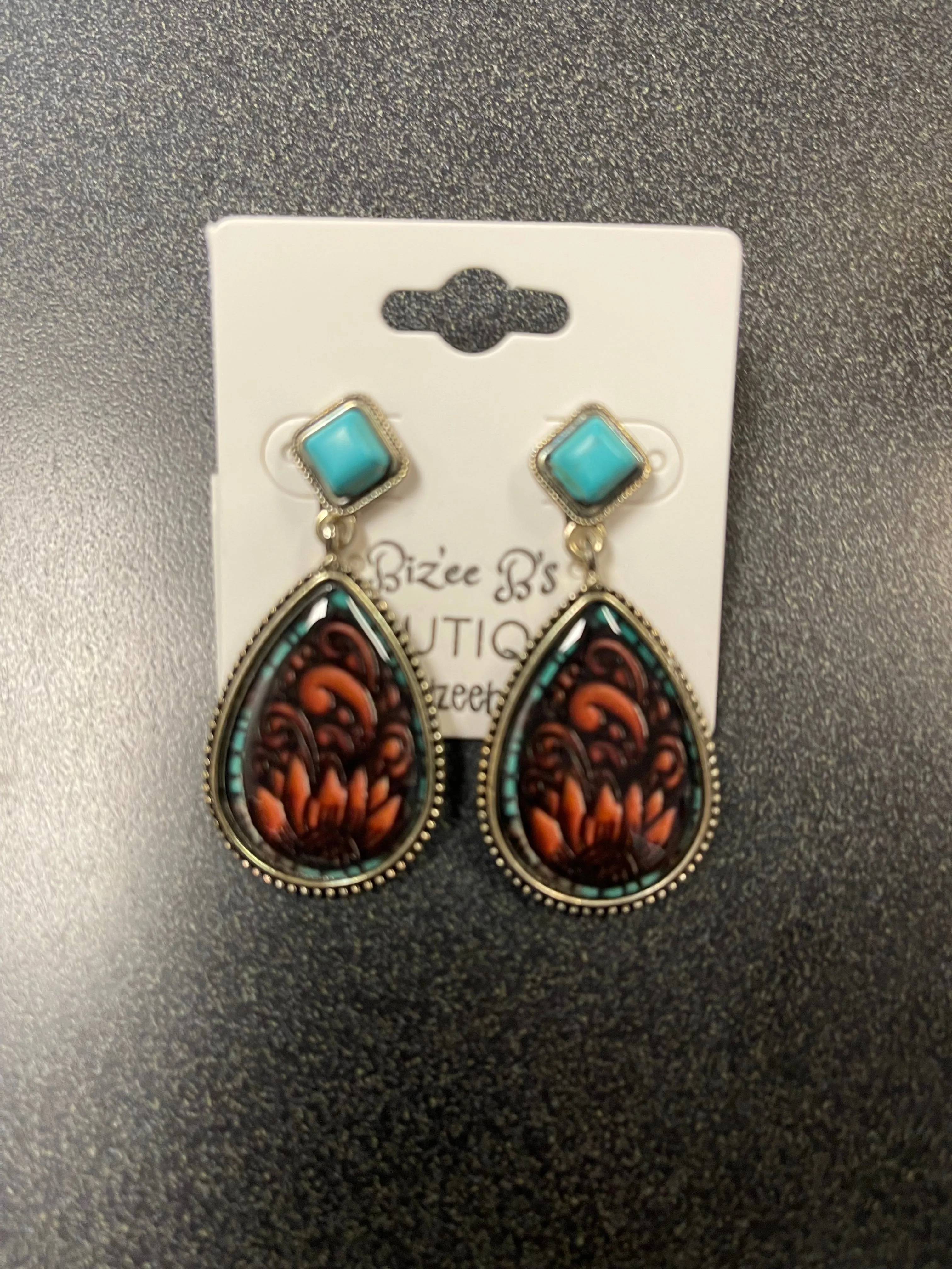 Sunflower Tooled Leather & Stone Earrings